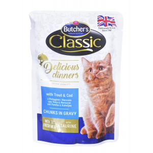 BUTCHER'S Delicious Dinners with trout and cod - wet cat food - 100 g 